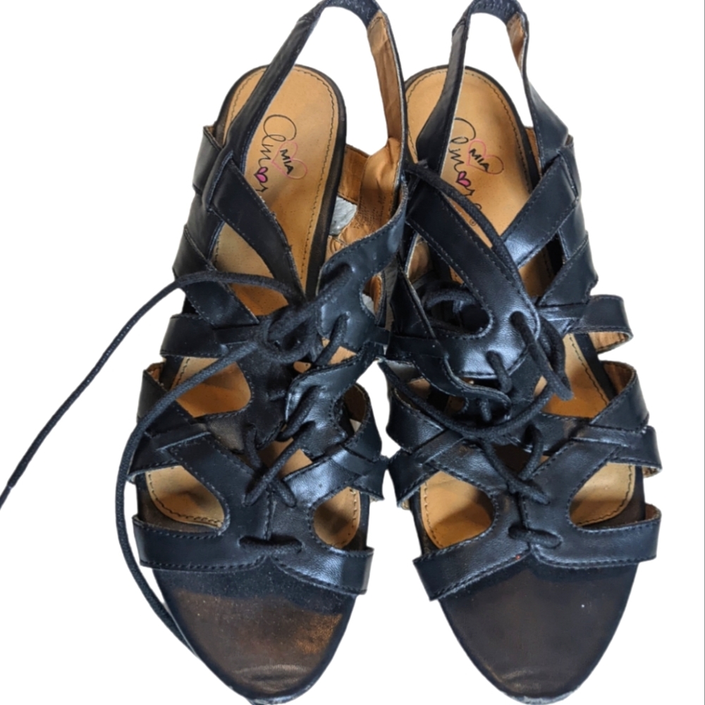 Mia Amore Lace Up Gladiator Low Wedge Sandel Black Size 8.5